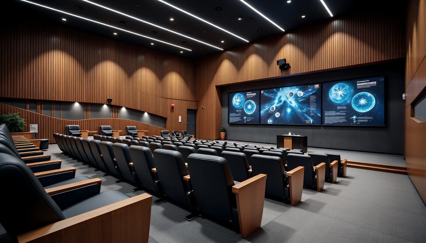 A modern lecture hall with contemporary lighting and aesthetics for the 4K HDR SDVoE Reciever for the PRO5 Matrix Switcher